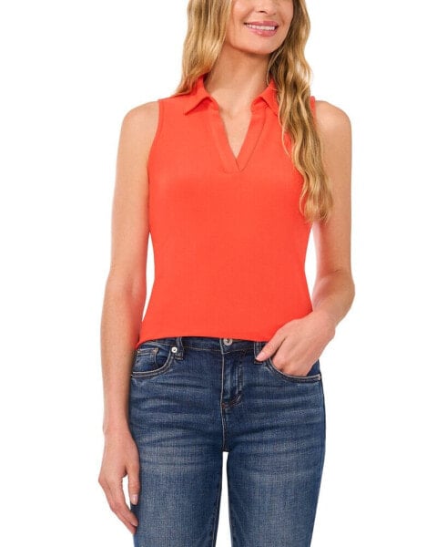 Women's Sleeveless Polo-Collar Solid-Knit Top