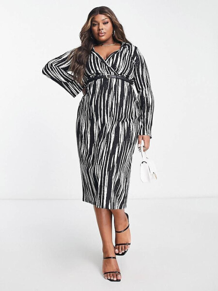 Женское вечернее платье ASOS Curve ASOS DESIGN Curve Midi-Wickelkleid mit Gürtel und abstraktem Muster in Schwarzweiß