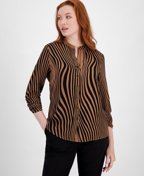 Women's Mixed-Stripe Mandarin Collar Blouse