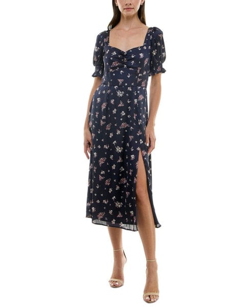 Juniors' Emma Floral-Print Smocked-Back Front-Slit Midi Dress