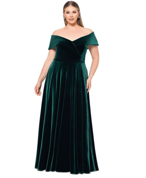 Plus Size Velvet Off-The-Shoulder Fit & Flare Gown