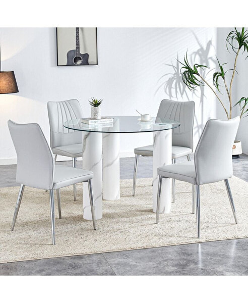 Glam Dining Table with 4 Modern PU Chairs Brown Tabletop White Marble-Like Legs