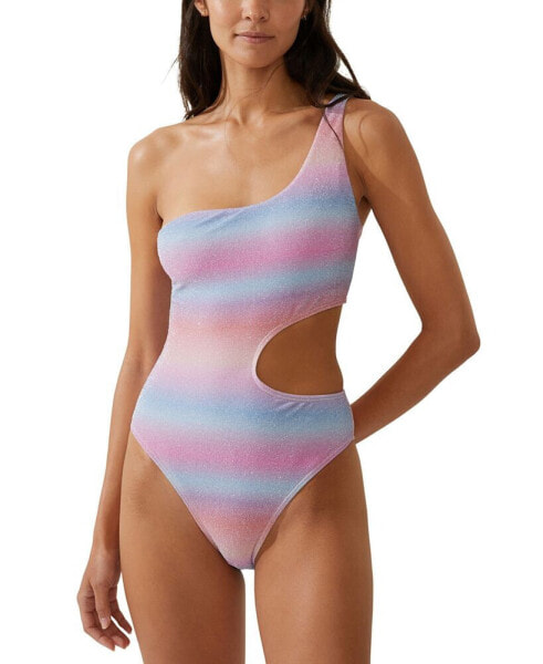 Women's Glitter Ombre Cutout One-Shoulder One-Piece Swimsuit