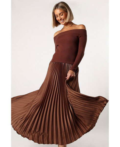 Women's Slate Off Shoulder Pleated Midi Dress