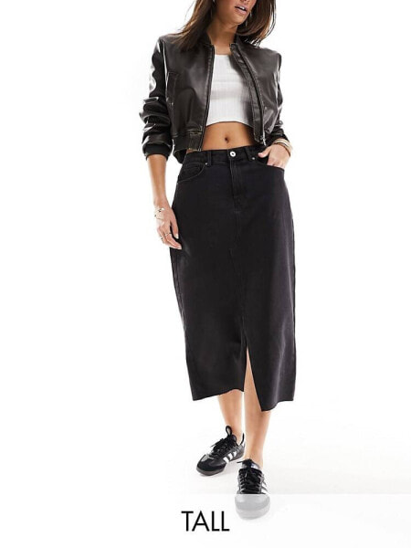 Pieces Tall front split denim midi skirt in washed black