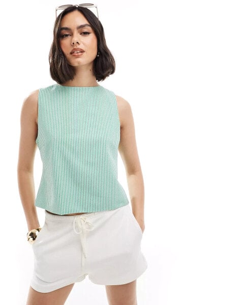 ASOS DESIGN bow back slash neck top in green stripe