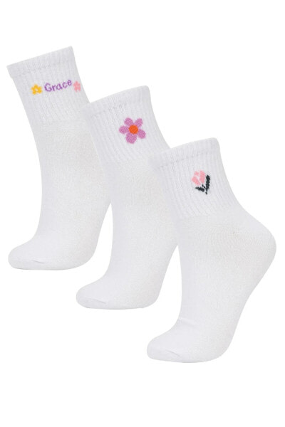 Kadın Çiçekli 3'lü Pamuklu Soket Çorap B6091axns