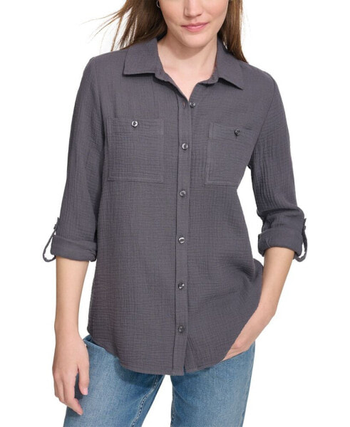 Petite Cotton Button-Front Roll-Sleeve Shirt