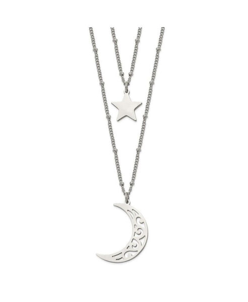Chisel polished Beaded Star and Moon 2 Strand Curb Chain Necklace