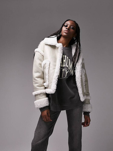 Topshop Tall faux shearling cropped car coat in white