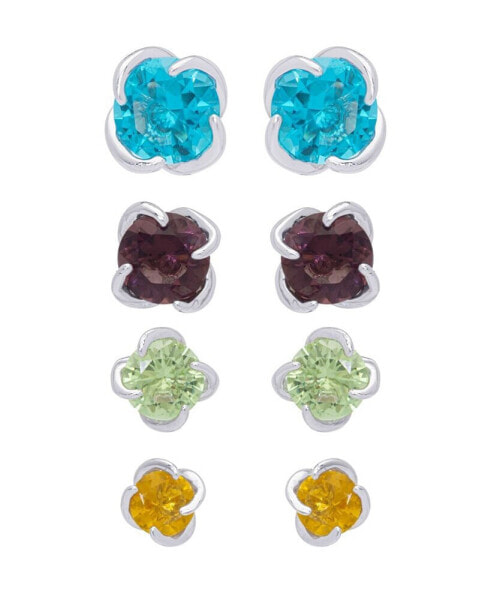 Multi-Color Round Stud Silver Plate Earrings, Set of 4