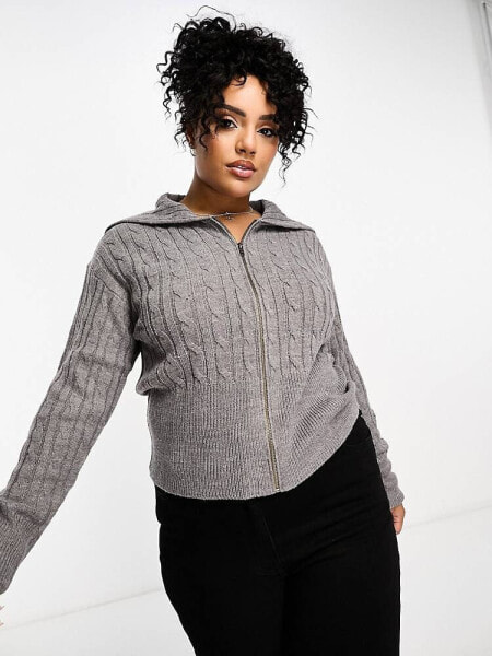 COLLUSION Plus cable knit oversized collar zip through jumper in grey marl