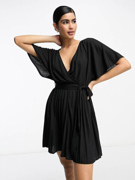 ASOS DESIGN short sleeve wrap mini pleat dress with belt 