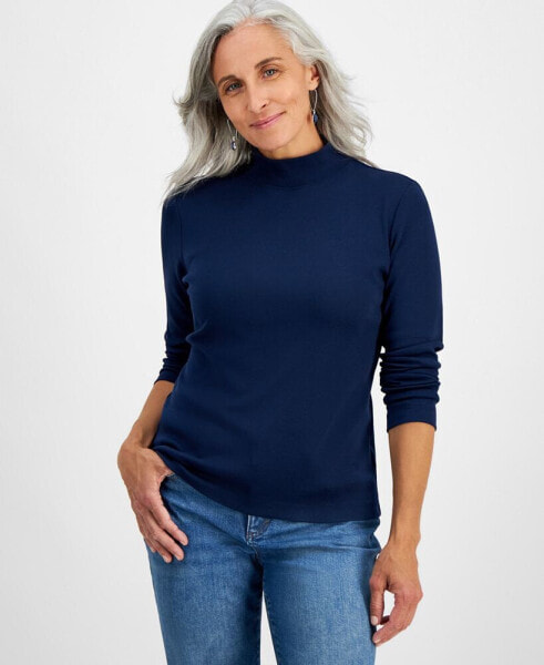 Petite Mock-Neck Cotton Long-Sleeve T-Shirt, Created for Macy's