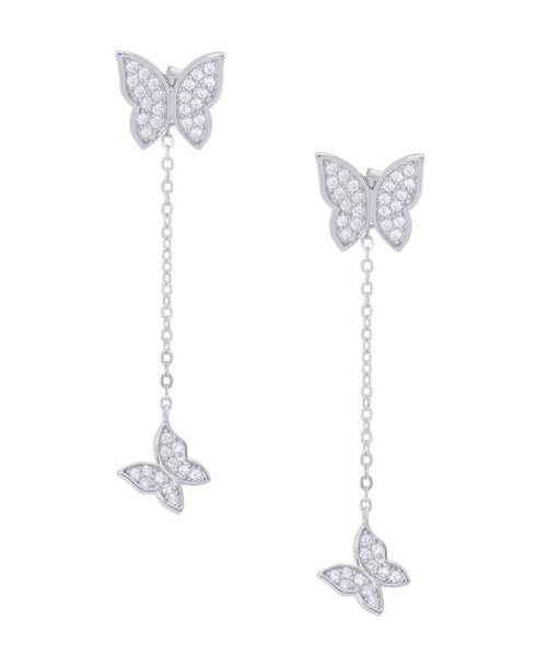 Cubic Zirconia Butterfly Chain Earrings in Silver Plate