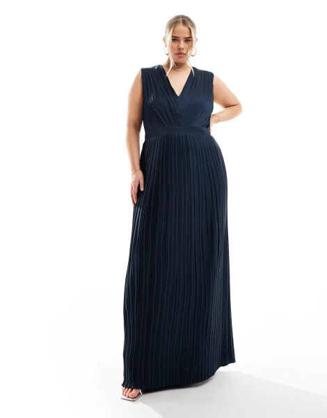 TFNC Plus Bridesmaid satin pleated maxi dress in navy