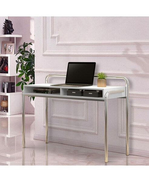 Office Desk With 2 Compartments And Tubular Metal Frame, White And Chrome