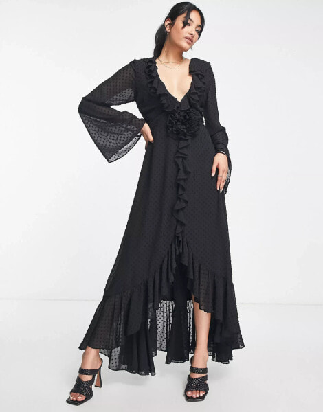 ASOS DESIGN – Midikleid in Schwarz mit Rüschendetail, tiefem Ausschnitt und Korsagen-Design