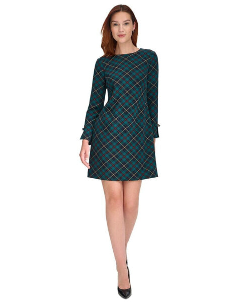 Women's Plaid Long-Sleeve Bow-Cuff Dress