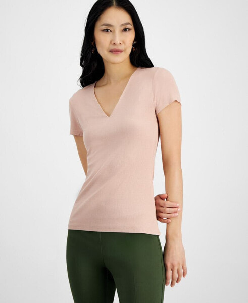 Women's Ribbed V-Neck Top, Created for Macy's