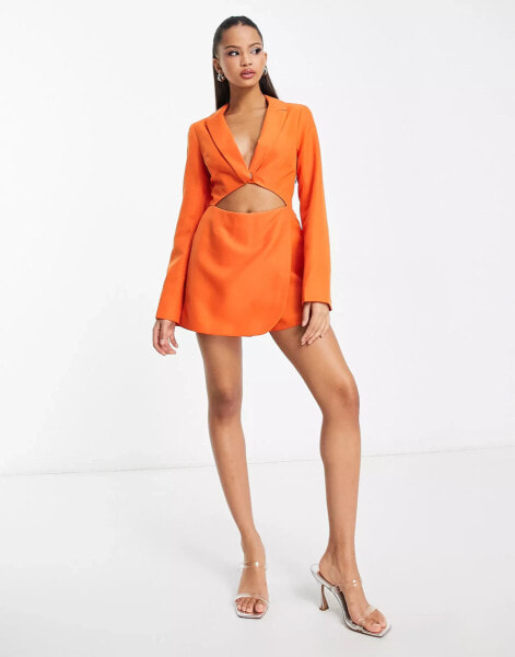 Miss Selfridge cut out mini blazer playsuit in orange