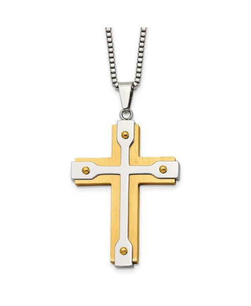 Chisel brushed Yellow IP-plated Cross Pendant Box Chain Necklace