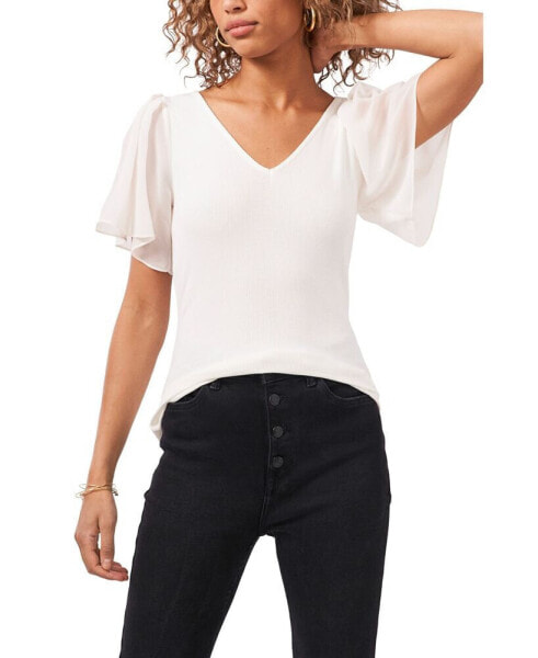 Women's Flutter Short Sleeve V-Neck Knit Top