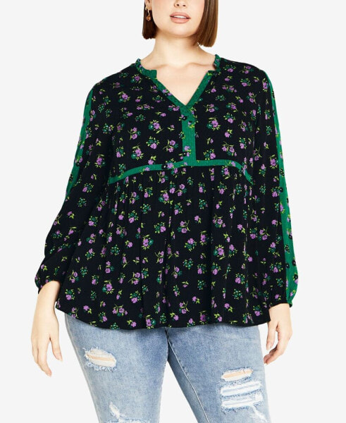 Plus Size Floral Fields Shirred Cuff Tunic Top