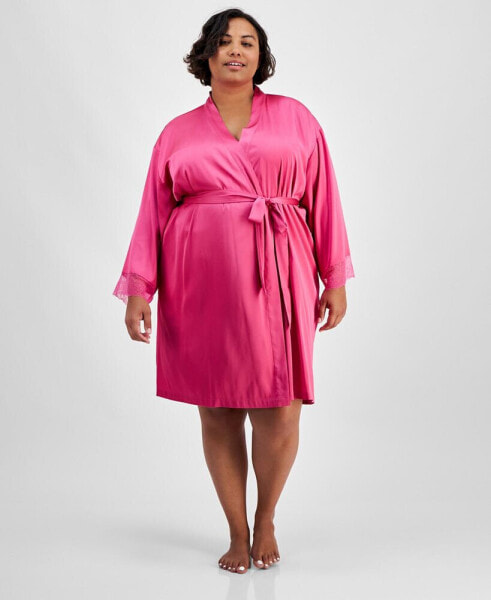 Plus Size Lace-Trim Stretch Satin Wrap Robe, Created for Macy's