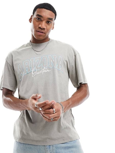 Jack & Jones washed oversized t-shirt with Arizona print in grey