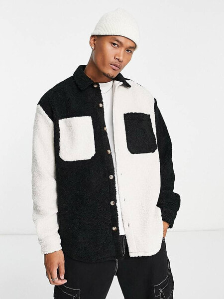 ASOS DESIGN oversized shirt in borg black and white cut & sew