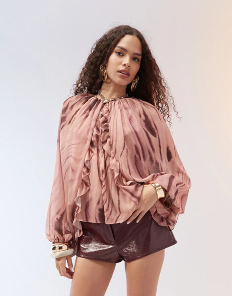 ASOS DESIGN ruffle detail cape sleeve chiffon top in woodland print