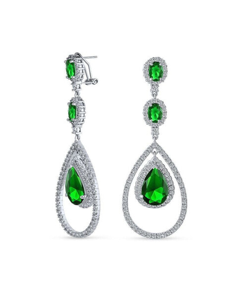 Art Deco Style Wedding Simulated Green Emerald AAA Cubic Zirconia Double Halo Large Teardrop CZ Statement Dangle Chandelier Earrings For Women Bridal Party Silver Plated
