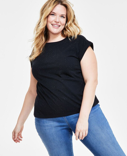 Plus Size Rhinestone Rolled-Sleeve Top, Created for Macy's