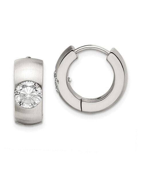 Stainless Steel Brushed Polished CZ Round Hinged Hoop Earrings
