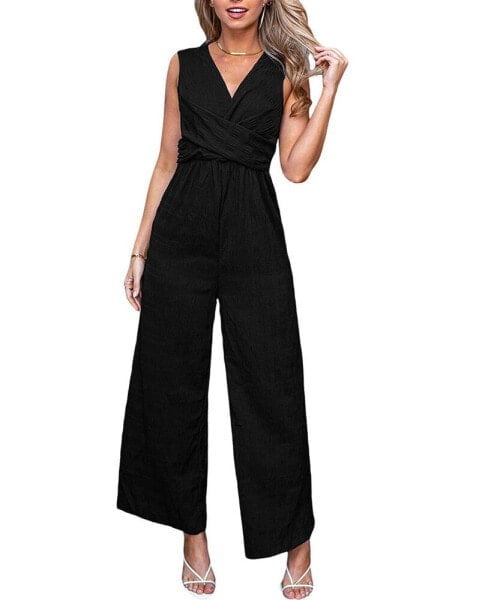 Women's Black Sleeveless Wrapped Waist Straight Leg Jumpsuit