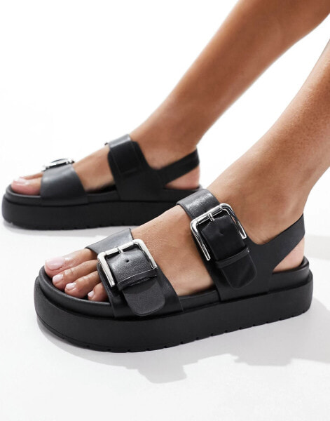 New Look chunky flat sandal with buckles in black