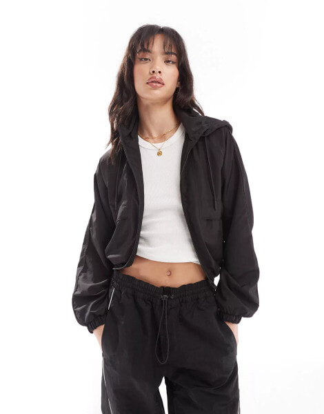 Pull&Bear boxy nylon look hooded jacket in black