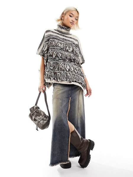 Urban Revivo striped tassel poncho in brown