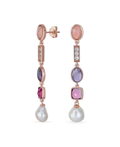 Boho Tri Tone Mixed Crystal Accent Linear Thin Long Baroque Pearl Pink Tourmaline Purple Natural Amethyst Dangle Earrings Rose Gold Plated