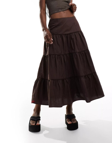 Monki tiered maxi cotton poplin skirt in brown