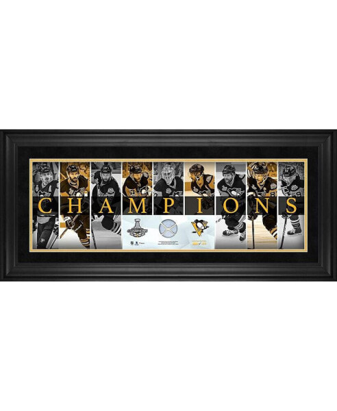 Pittsburgh Penguins 2017 Stanley Cup Champions Framed 10" x 30" Champions Panoramic with Piece of Game-Used Net from the Stanley Cup Final