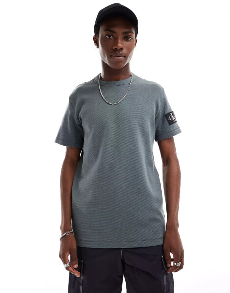 Calvin Klein Jeans badge logo waffle t-shirt in charcoal grey