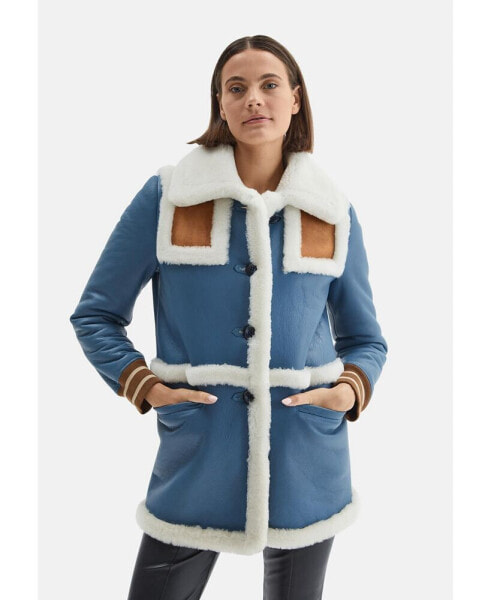 Women's Shearling Leather Jacket, Blue With White Wool