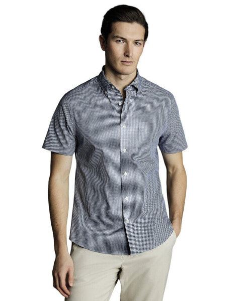 Men's Slim Fit Button-Down Collar Non-Iron Stretch Mini Gingham Short Sleeve Shirt