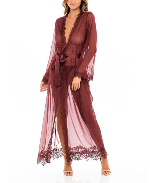 Women's Eyelash Lace Floor Length Lingerie Robe with Satin Sash Lingerie