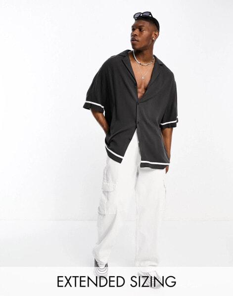 ASOS DESIGN dropped shoulder longline viscose bowling shirt with cut and sew in black