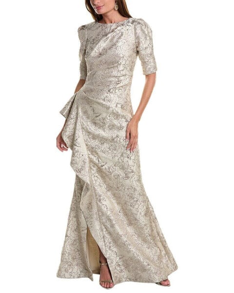 Teri Jon By Rickie Freeman Metallic Jacquard Gown Women's Beige 2