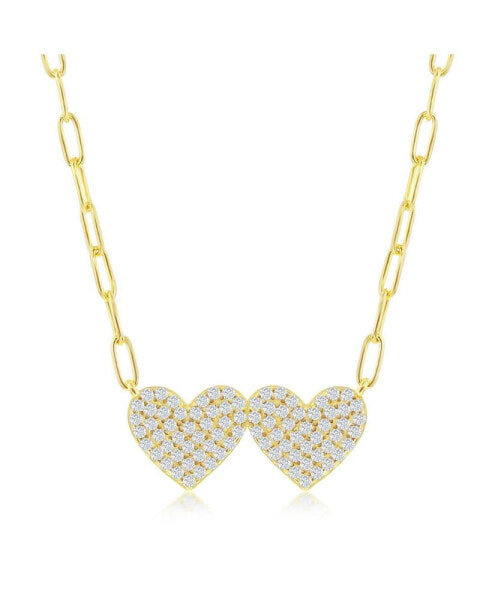 Gold Plated Over Sterling Silver Double Heart CZ Paperclip Necklace