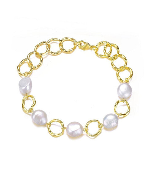 Sterling Silver 14K Gold Plated Genuine Freshwater Pearl Chain Bracelet